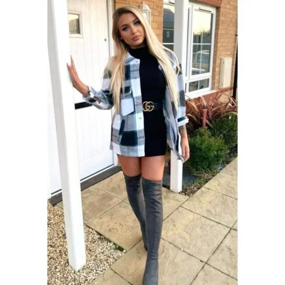 Black Plaid Check Long Sleeve Loose Fit Shacket Shirt Jacket - Picture 5 of 8